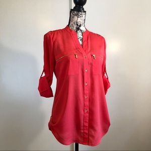 Calvin Klein Coral Zip Pocket Rolled Sleeve Blouse